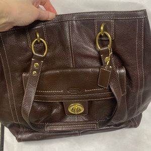 Coach Brown Pebbled Leather Penelope Turnlock Top Handle Tote Bag